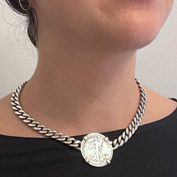 Custom Solid .925 Sterling Silver Miami Curb Chain Vintage Coin Necklace - Picture 8 of 10